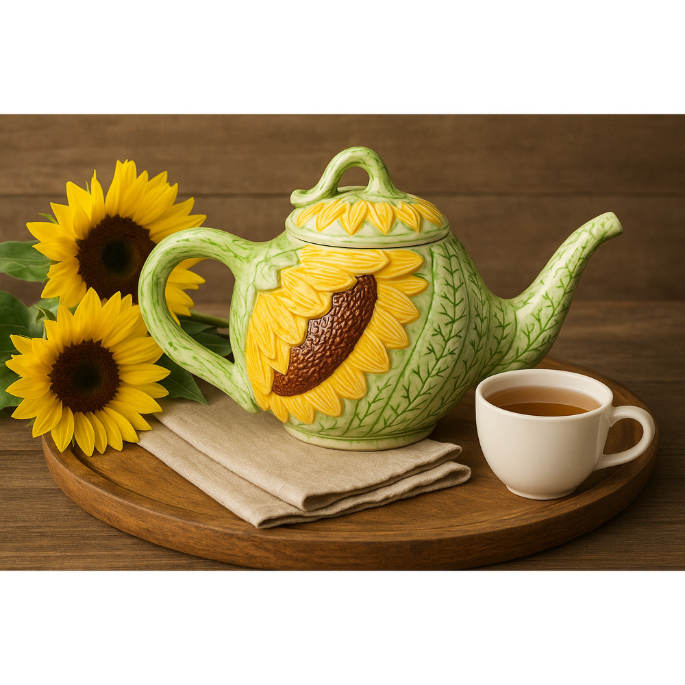 Vintage Seymour Mann Sunflower Teapot Hand Painted Faience Yellow Green Ceramic - Picture 2 of 10